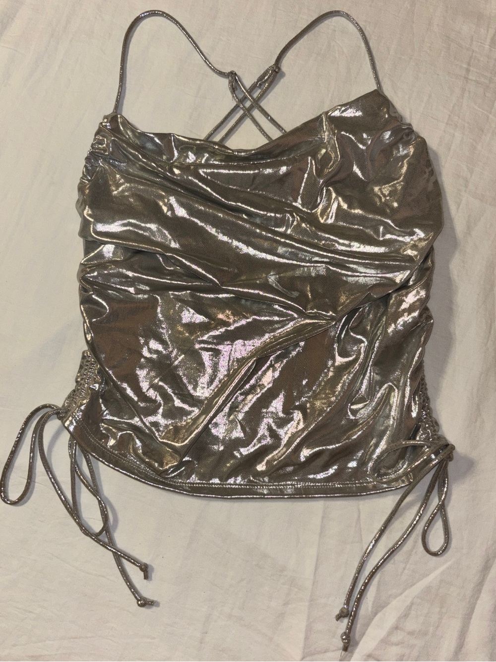 Fashion Nova Silver Metallic Ruched Cami with Cross-Back Straps
